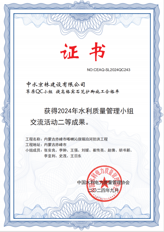 獲得2024年水利質(zhì)量管理小組 交流活動(dòng)二等成果